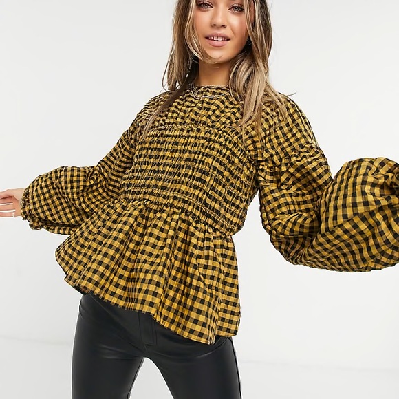 ASOS Tops - ASOS DESIGN long sleeve seersucker gingham top with shirred panel Size 4